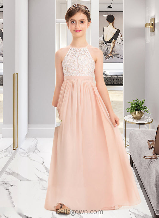 Paisley A-Line Scoop Neck Floor-Length Chiffon Lace Junior Bridesmaid Dress DNP0013321