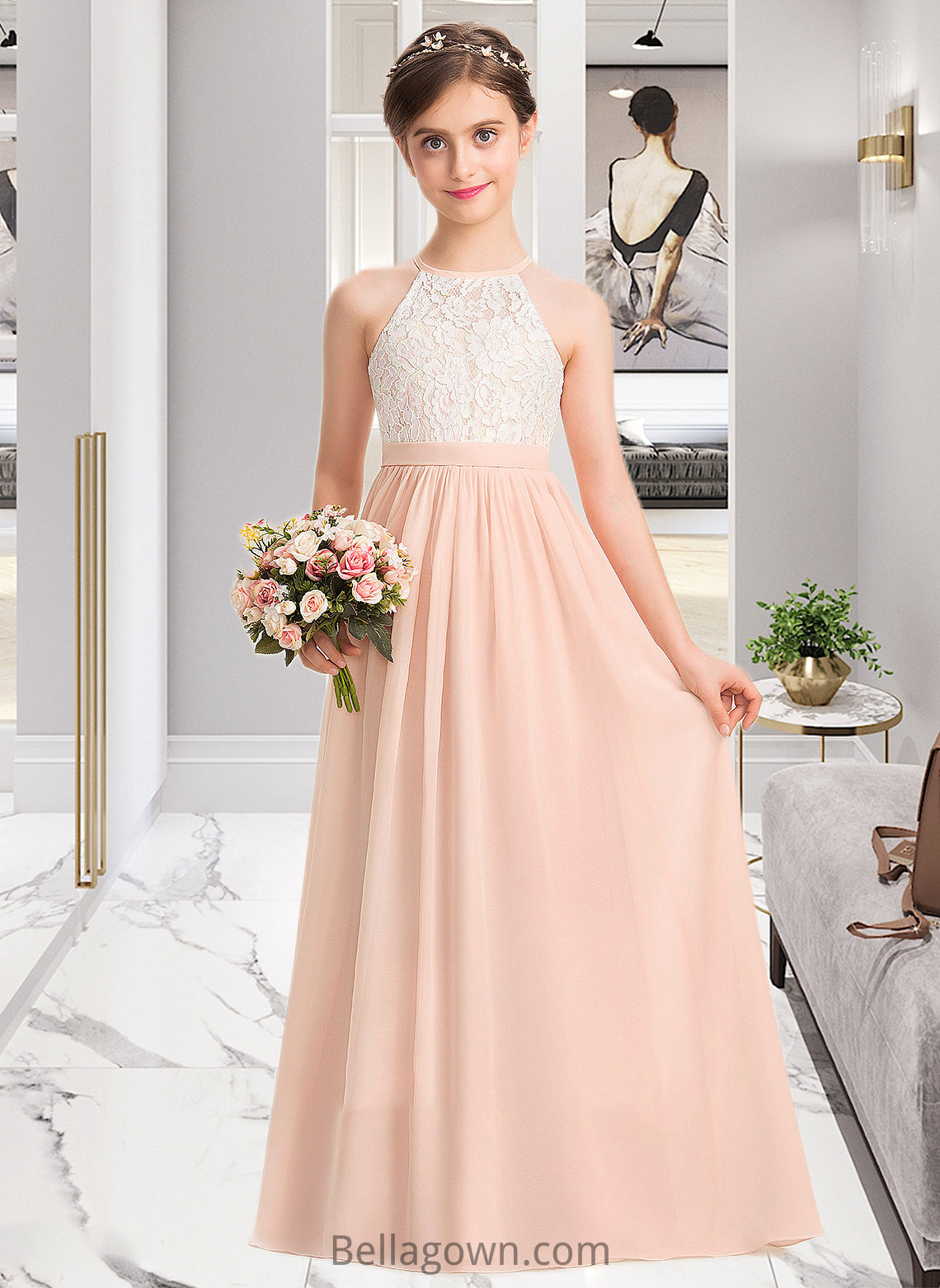 Paisley A-Line Scoop Neck Floor-Length Chiffon Lace Junior Bridesmaid Dress DNP0013321