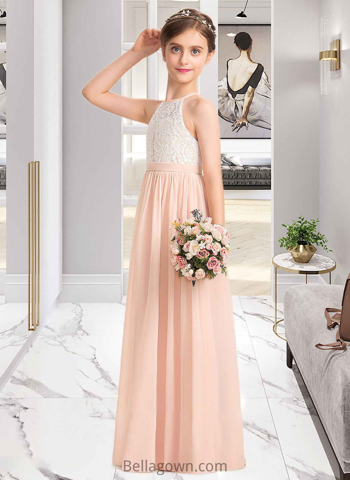 Paisley A-Line Scoop Neck Floor-Length Chiffon Lace Junior Bridesmaid Dress DNP0013321