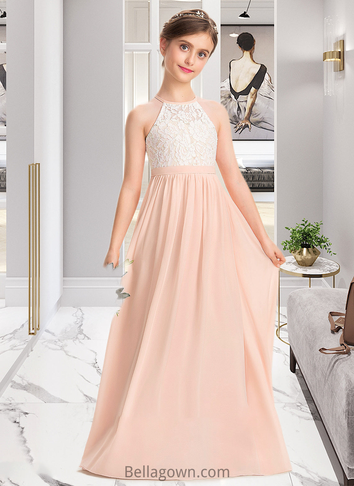 Paisley A-Line Scoop Neck Floor-Length Chiffon Lace Junior Bridesmaid Dress DNP0013321