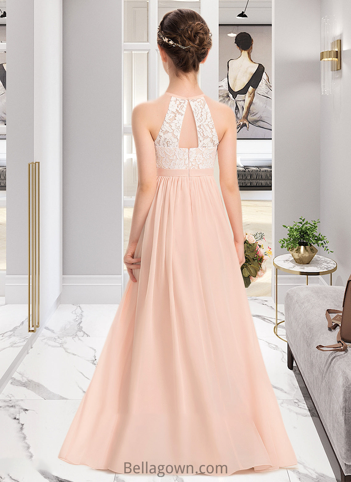 Paisley A-Line Scoop Neck Floor-Length Chiffon Lace Junior Bridesmaid Dress DNP0013321