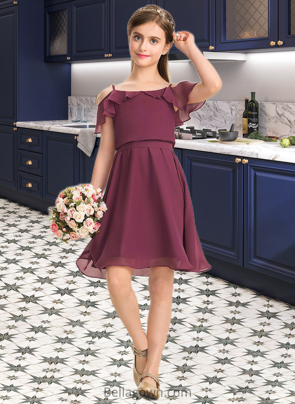 Joyce A-Line Off-the-Shoulder Knee-Length Chiffon Junior Bridesmaid Dress With Bow(s) Cascading Ruffles DNP0013322