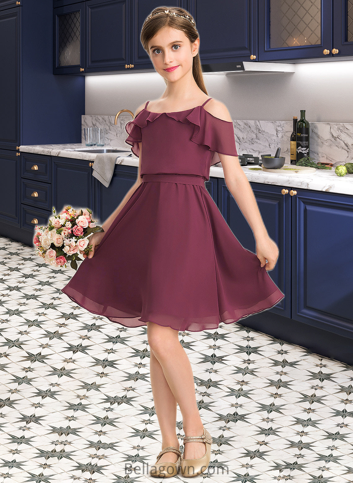 Joyce A-Line Off-the-Shoulder Knee-Length Chiffon Junior Bridesmaid Dress With Bow(s) Cascading Ruffles DNP0013322