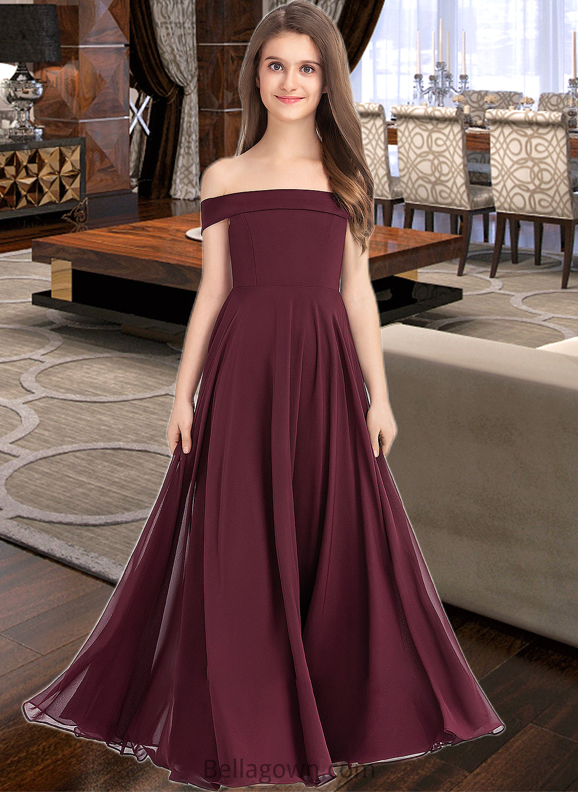 Danika A-Line Off-the-Shoulder Floor-Length Chiffon Junior Bridesmaid Dress DNP0013323