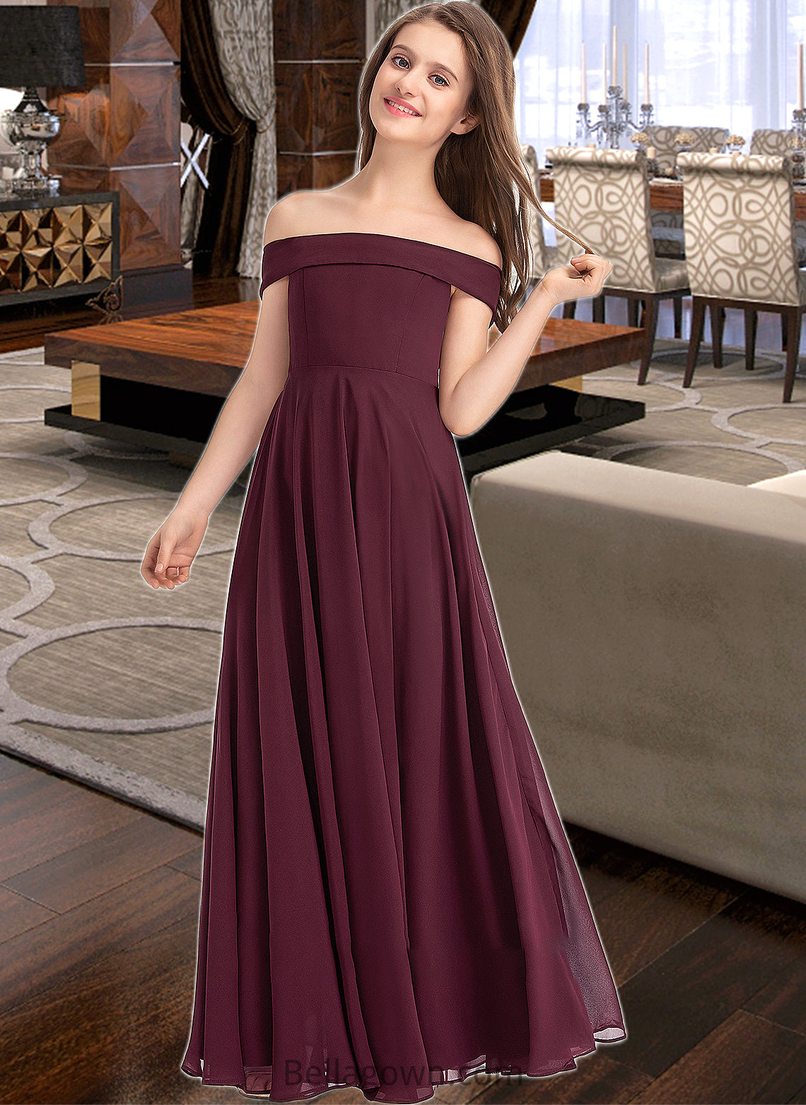 Danika A-Line Off-the-Shoulder Floor-Length Chiffon Junior Bridesmaid Dress DNP0013323