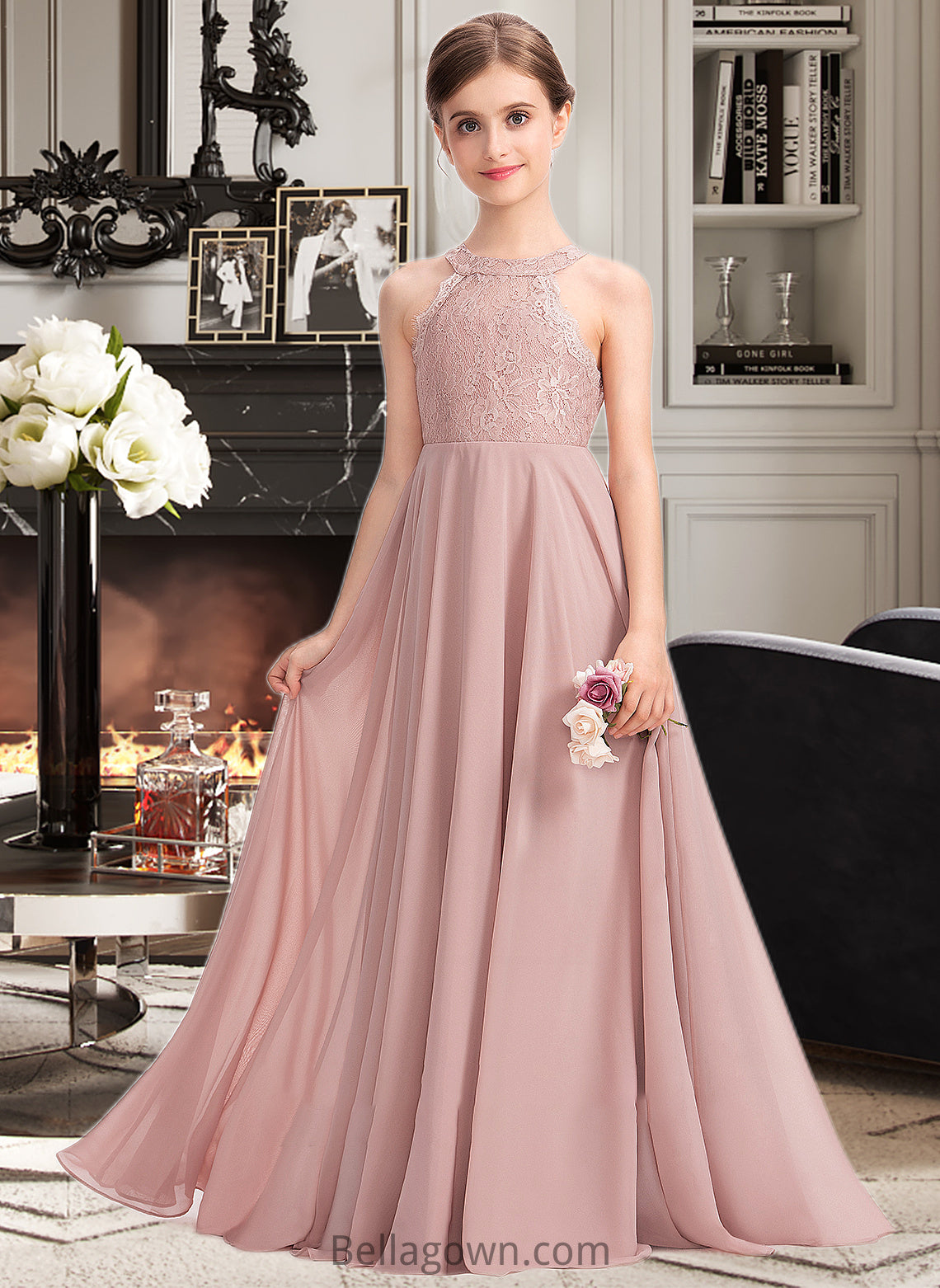 Addison A-Line Scoop Neck Floor-Length Chiffon Lace Junior Bridesmaid Dress DNP0013324