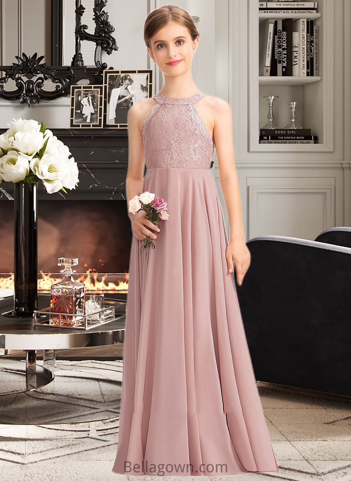 Addison A-Line Scoop Neck Floor-Length Chiffon Lace Junior Bridesmaid Dress DNP0013324