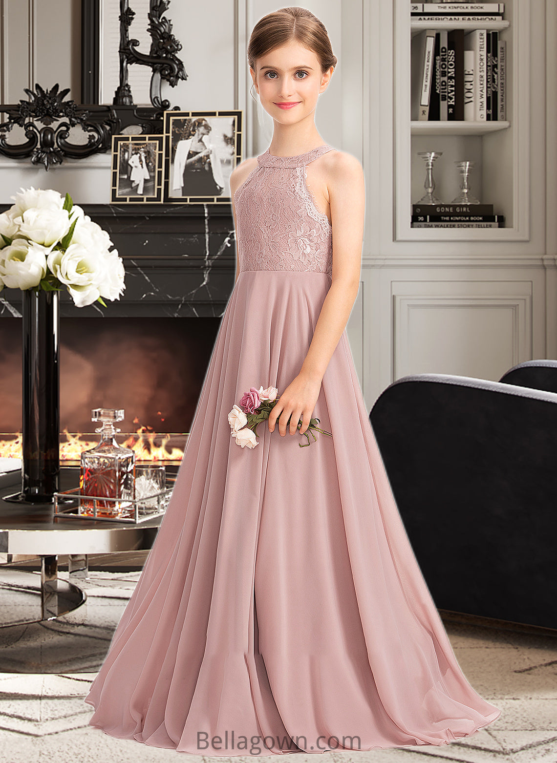 Addison A-Line Scoop Neck Floor-Length Chiffon Lace Junior Bridesmaid Dress DNP0013324