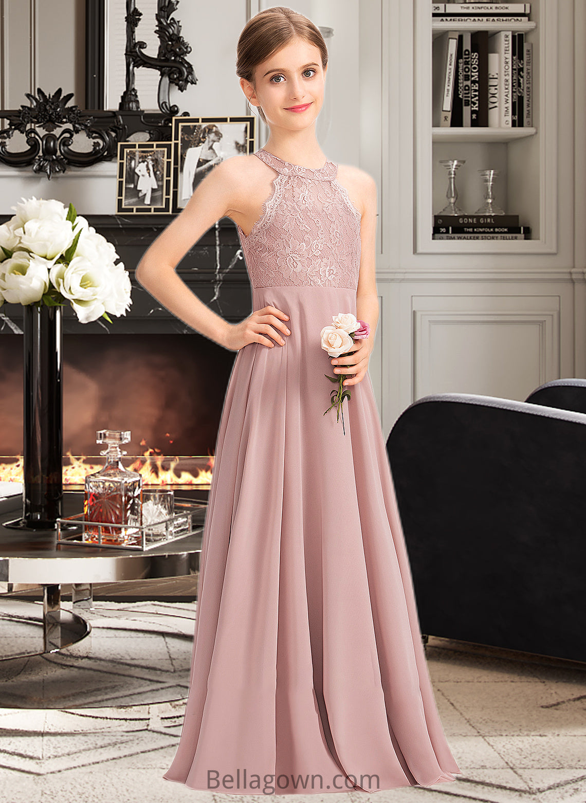 Addison A-Line Scoop Neck Floor-Length Chiffon Lace Junior Bridesmaid Dress DNP0013324