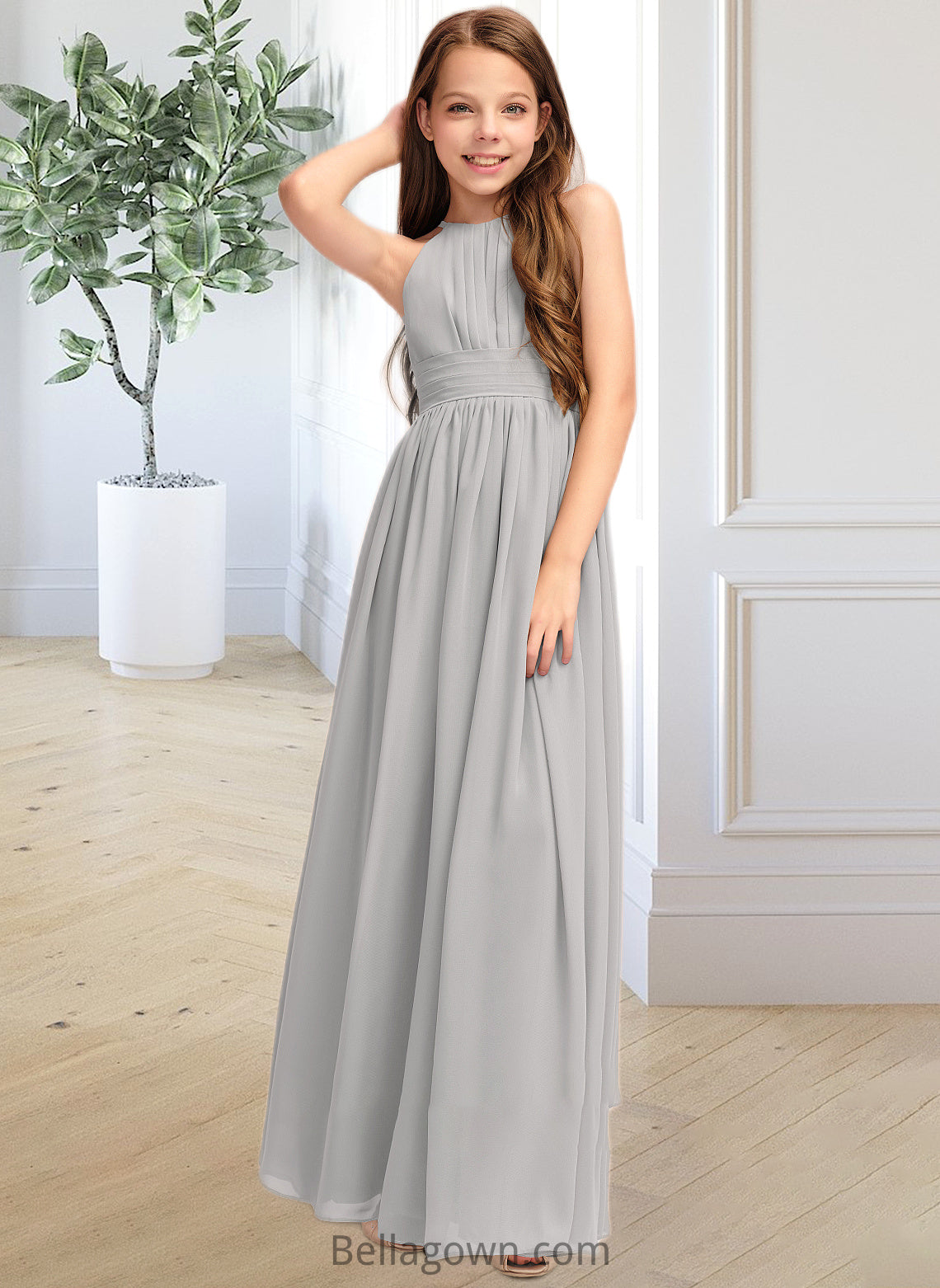 Lucille A-Line Scoop Neck Floor-Length Chiffon Junior Bridesmaid Dress With Ruffle DNP0013325