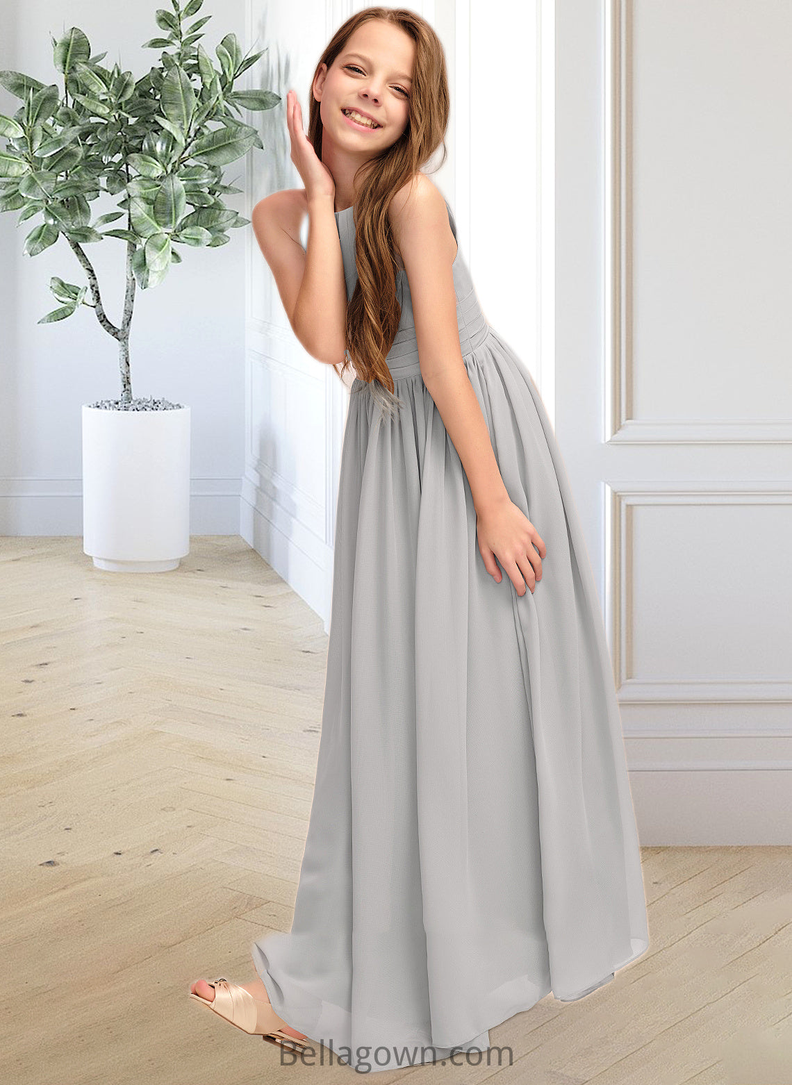 Lucille A-Line Scoop Neck Floor-Length Chiffon Junior Bridesmaid Dress With Ruffle DNP0013325