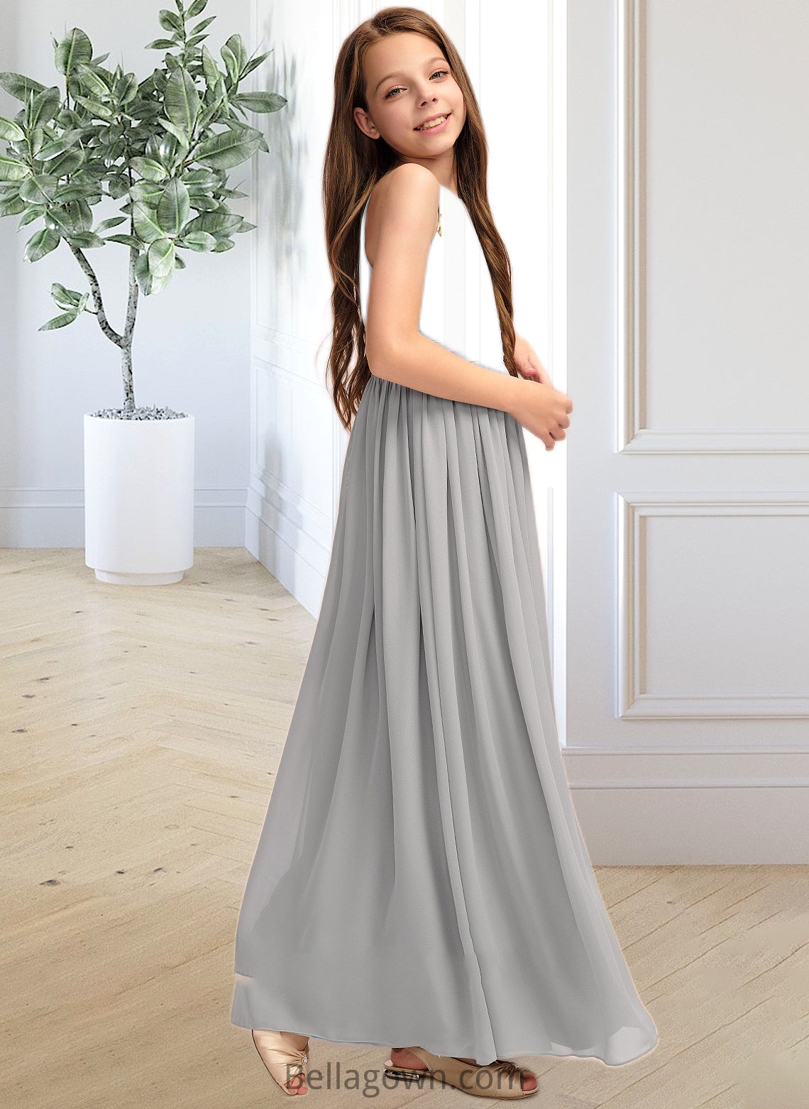 Lucille A-Line Scoop Neck Floor-Length Chiffon Junior Bridesmaid Dress With Ruffle DNP0013325