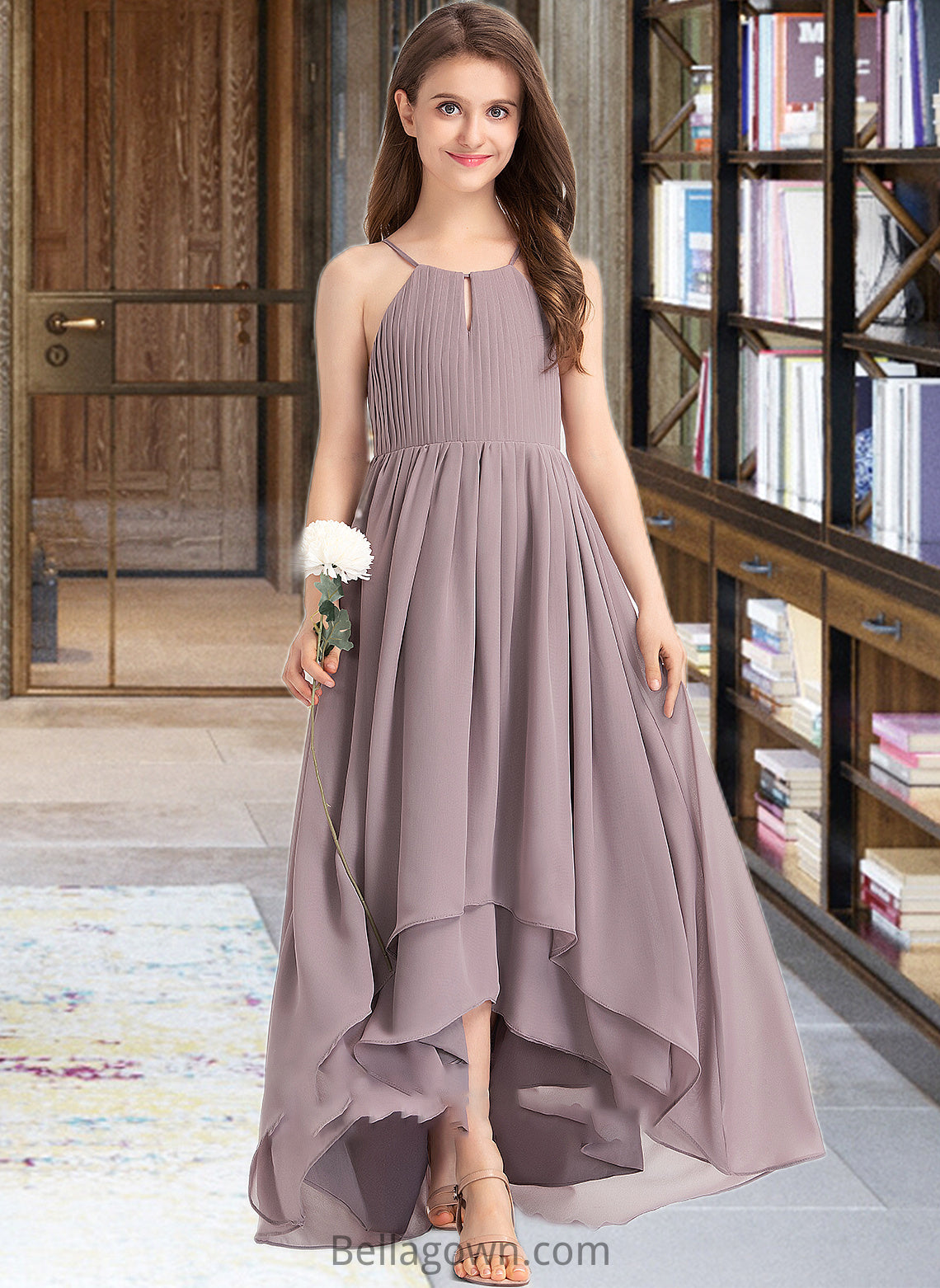 Emelia A-Line Scoop Neck Asymmetrical Chiffon Junior Bridesmaid Dress With Ruffle Bow(s) DNP0013326