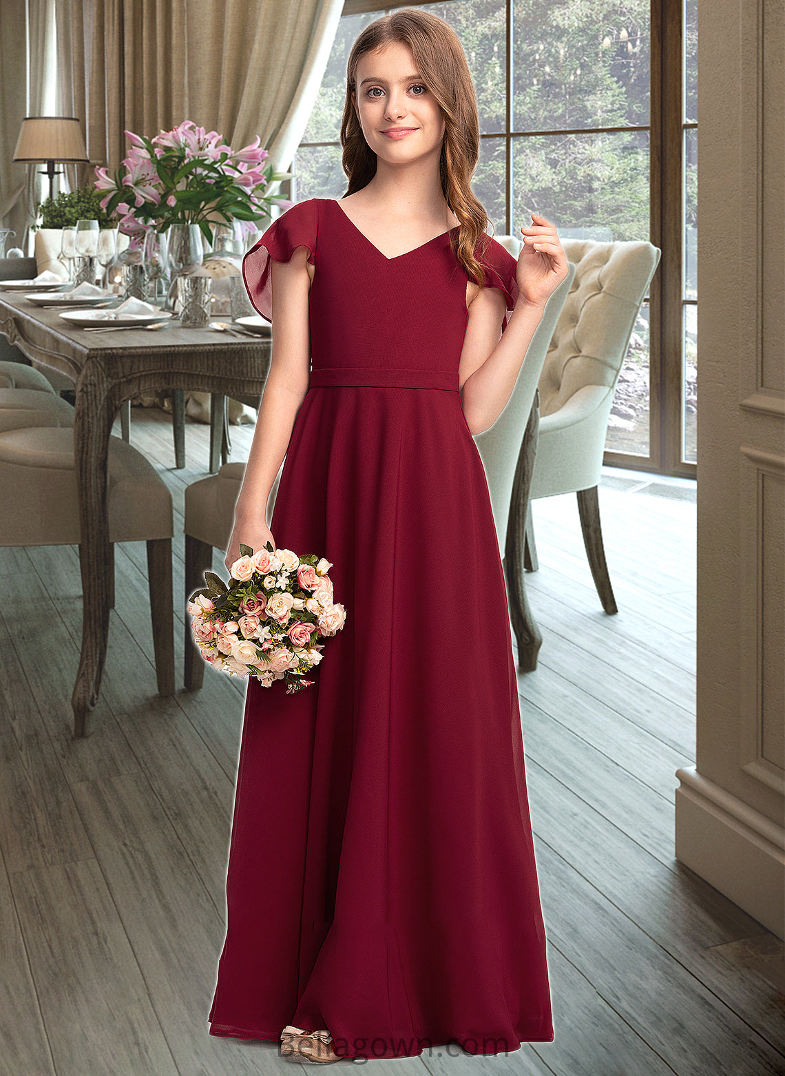 Ayanna A-Line V-neck Floor-Length Chiffon Junior Bridesmaid Dress With Cascading Ruffles DNP0013327