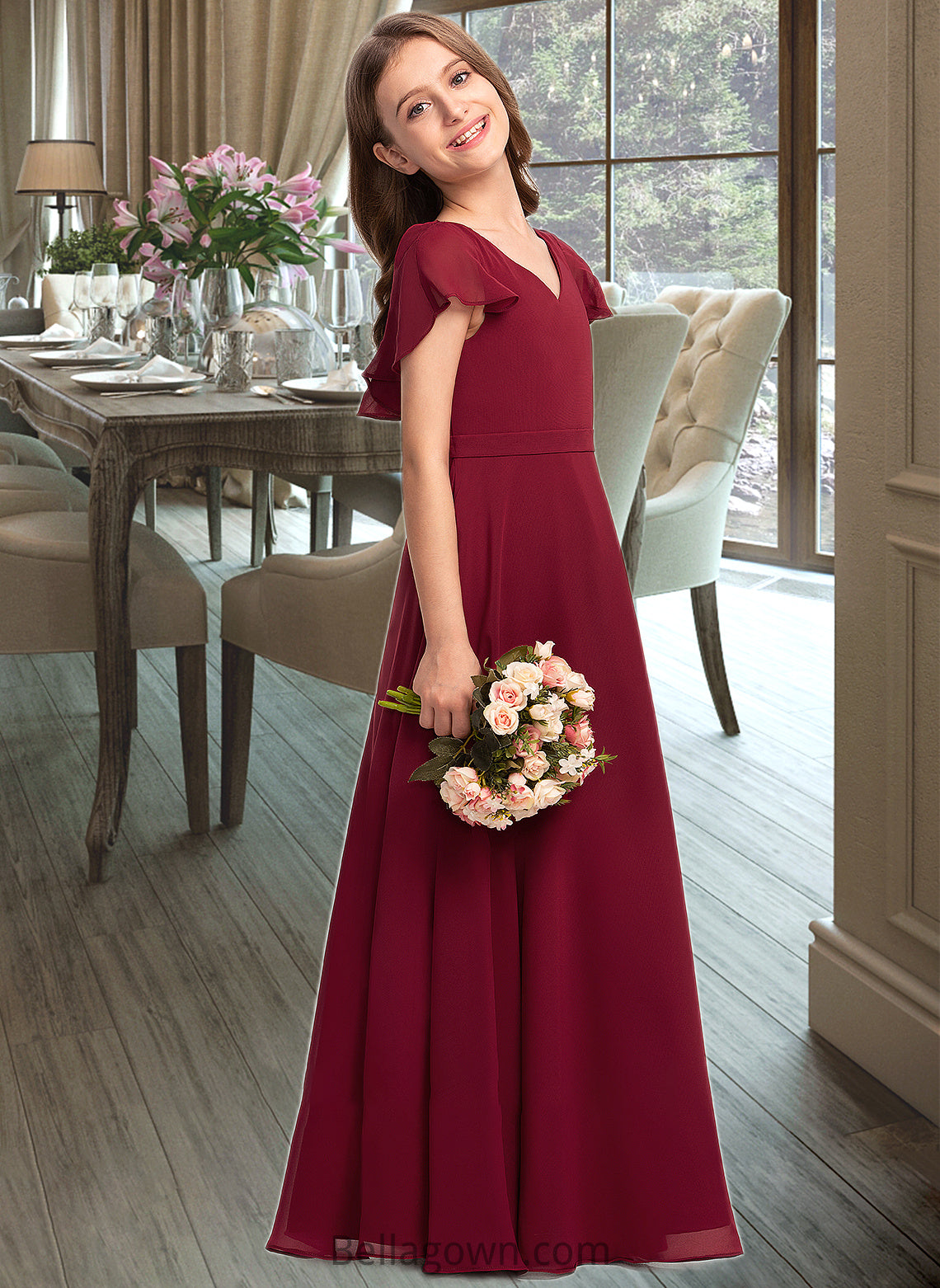 Ayanna A-Line V-neck Floor-Length Chiffon Junior Bridesmaid Dress With Cascading Ruffles DNP0013327