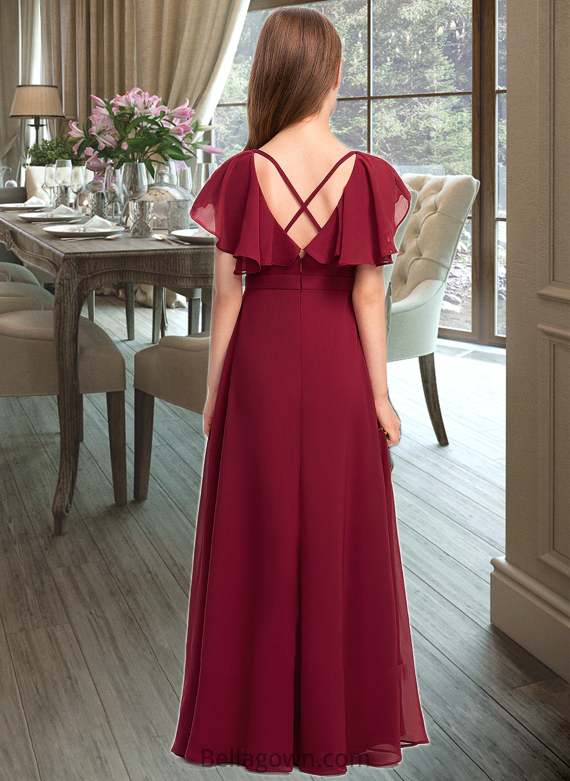 Ayanna A-Line V-neck Floor-Length Chiffon Junior Bridesmaid Dress With Cascading Ruffles DNP0013327