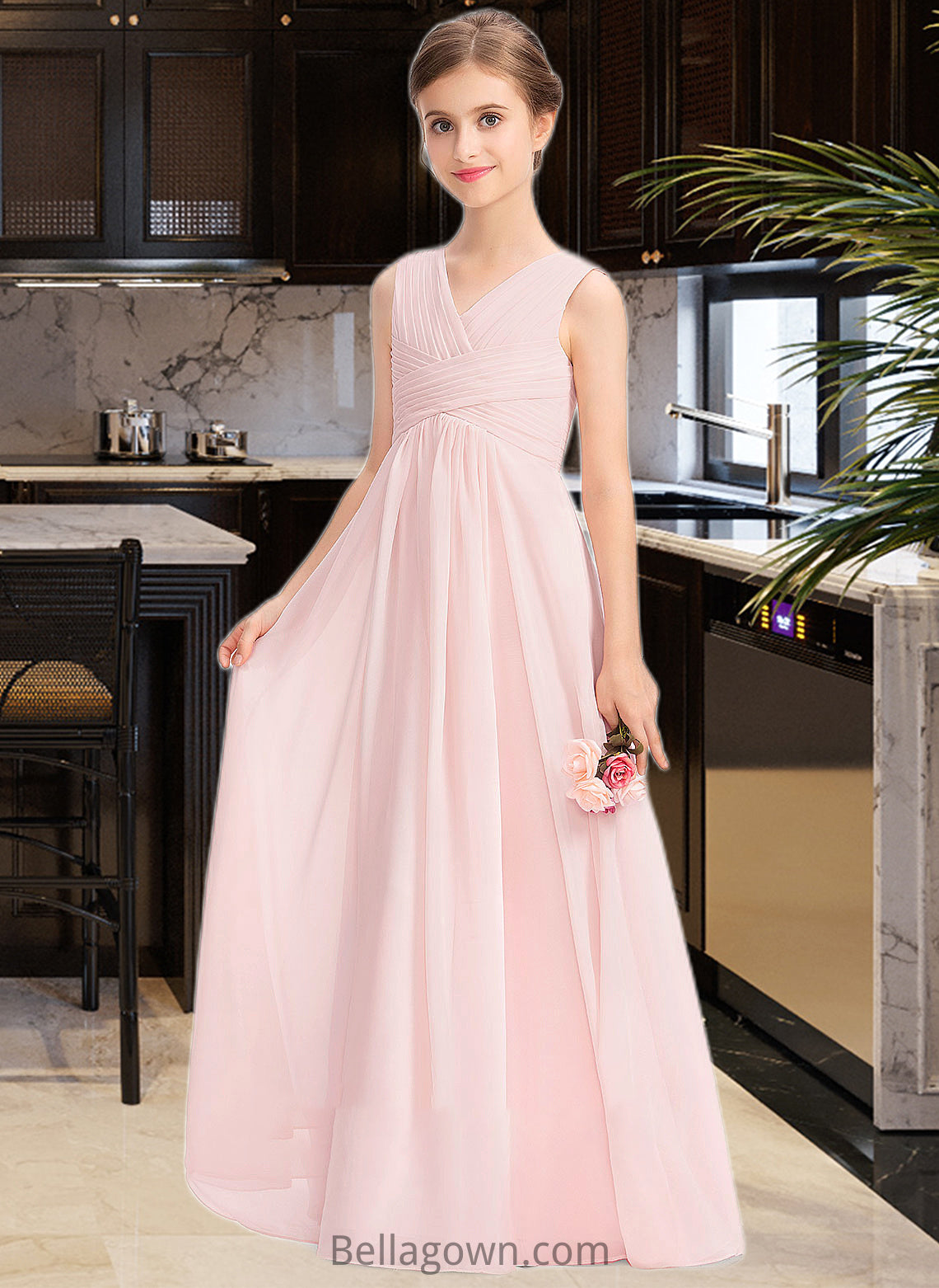 Jaylynn A-Line V-neck Floor-Length Chiffon Junior Bridesmaid Dress With Ruffle DNP0013328