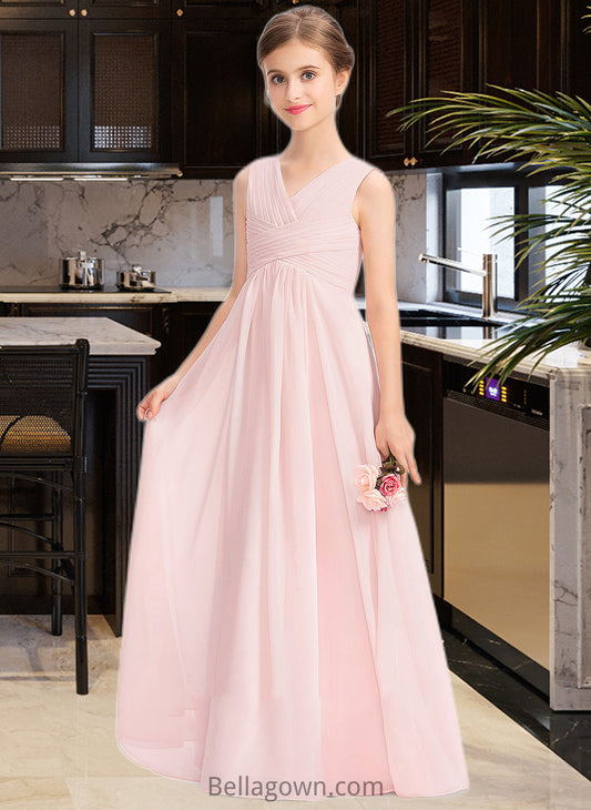 Jaylynn A-Line V-neck Floor-Length Chiffon Junior Bridesmaid Dress With Ruffle DNP0013328