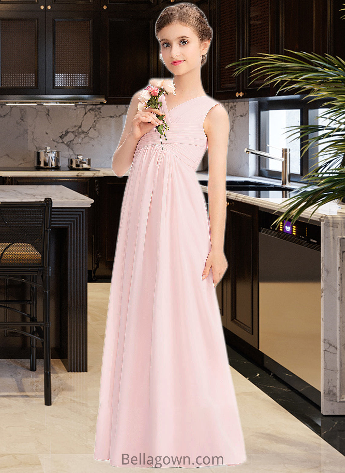 Jaylynn A-Line V-neck Floor-Length Chiffon Junior Bridesmaid Dress With Ruffle DNP0013328