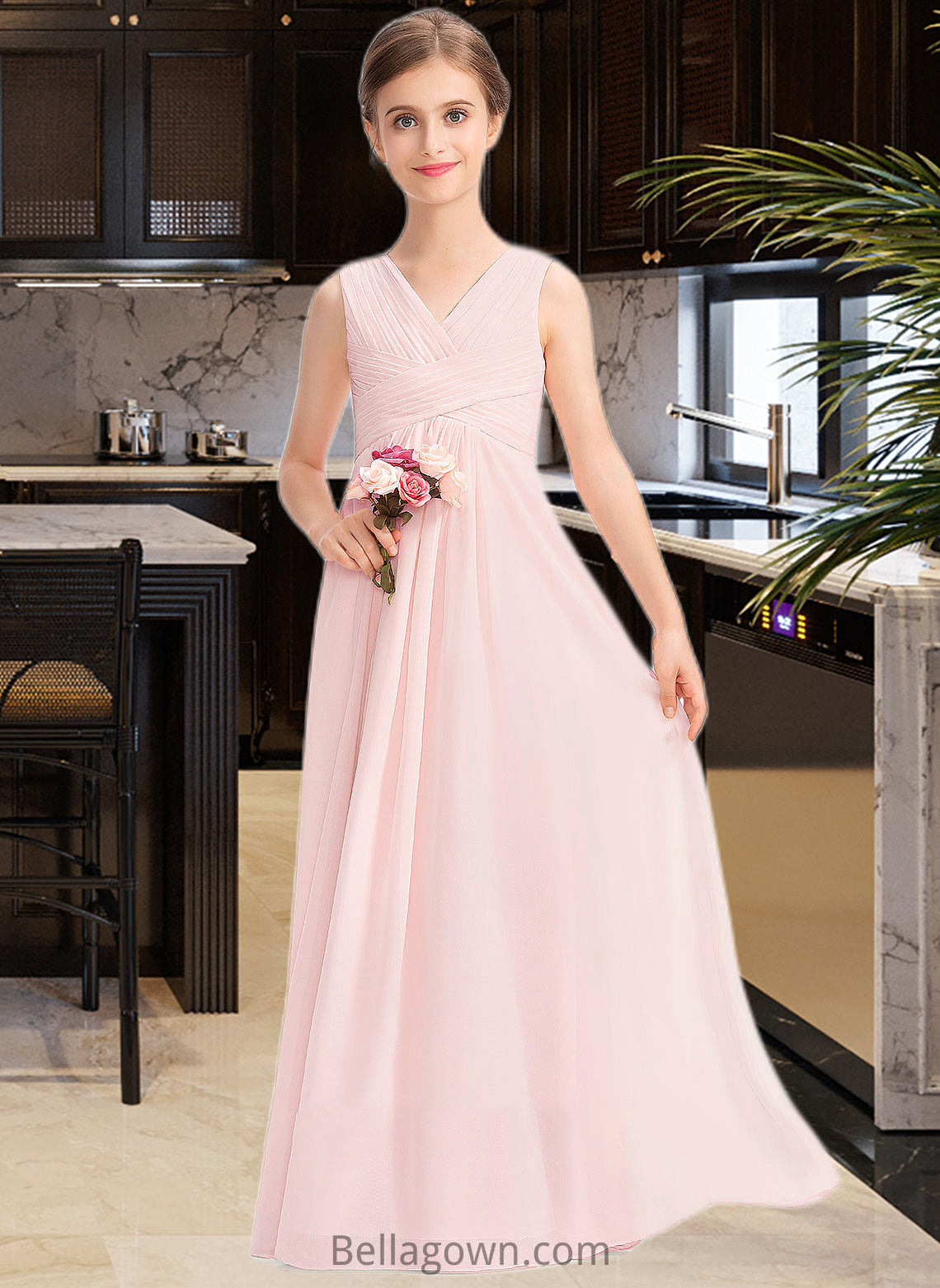 Jaylynn A-Line V-neck Floor-Length Chiffon Junior Bridesmaid Dress With Ruffle DNP0013328