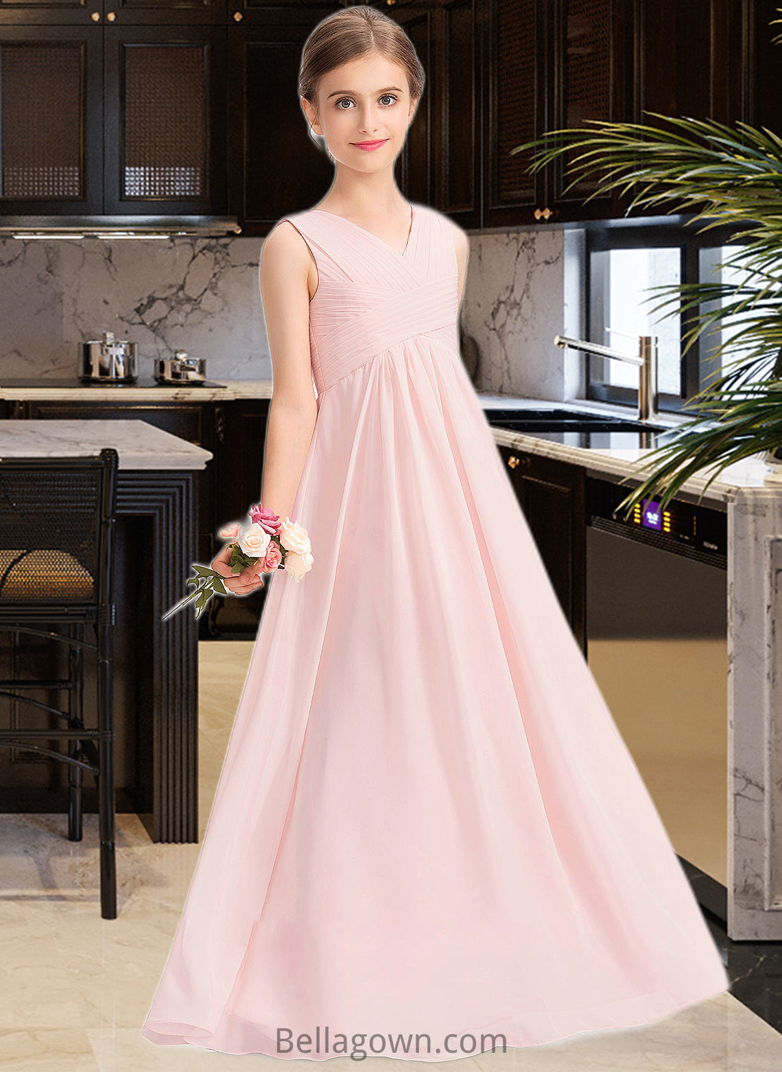 Jaylynn A-Line V-neck Floor-Length Chiffon Junior Bridesmaid Dress With Ruffle DNP0013328