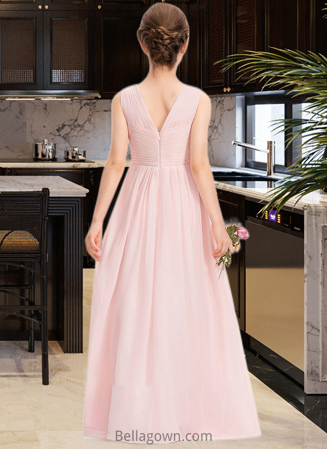 Jaylynn A-Line V-neck Floor-Length Chiffon Junior Bridesmaid Dress With Ruffle DNP0013328