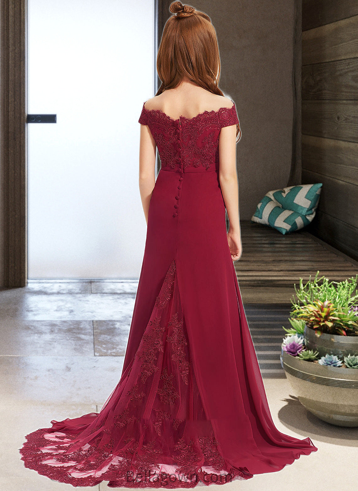 Jayda Trumpet/Mermaid Off-the-Shoulder Court Train Chiffon Lace Junior Bridesmaid Dress DNP0013330