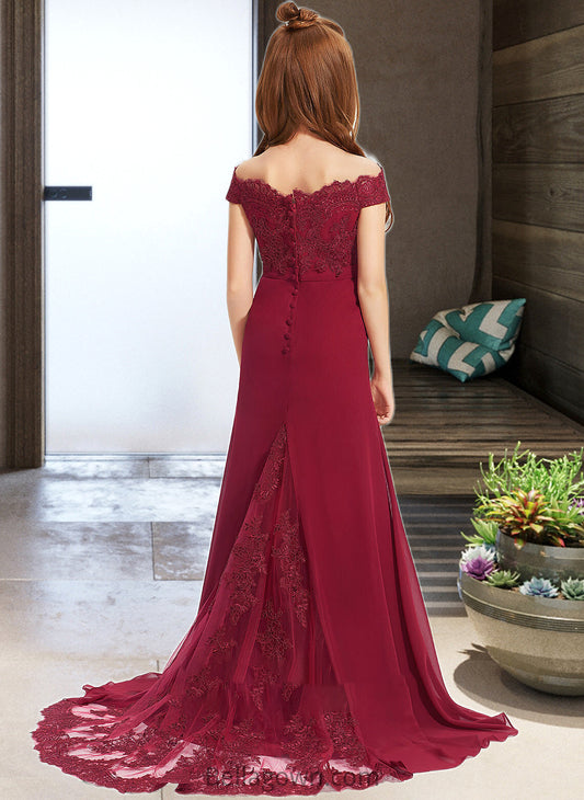 Jayda Trumpet/Mermaid Off-the-Shoulder Court Train Chiffon Lace Junior Bridesmaid Dress DNP0013330