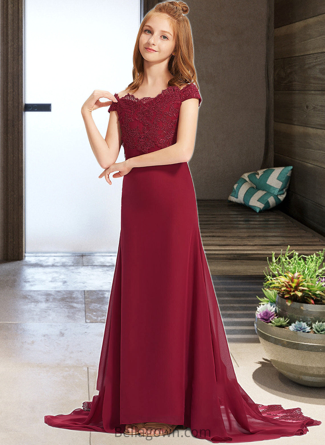 Jayda Trumpet/Mermaid Off-the-Shoulder Court Train Chiffon Lace Junior Bridesmaid Dress DNP0013330