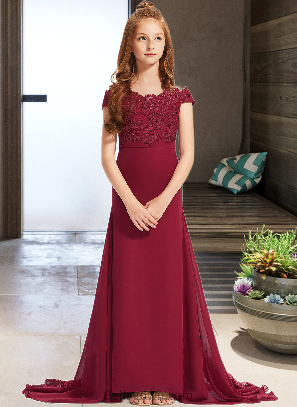 Jayda Trumpet/Mermaid Off-the-Shoulder Court Train Chiffon Lace Junior Bridesmaid Dress DNP0013330