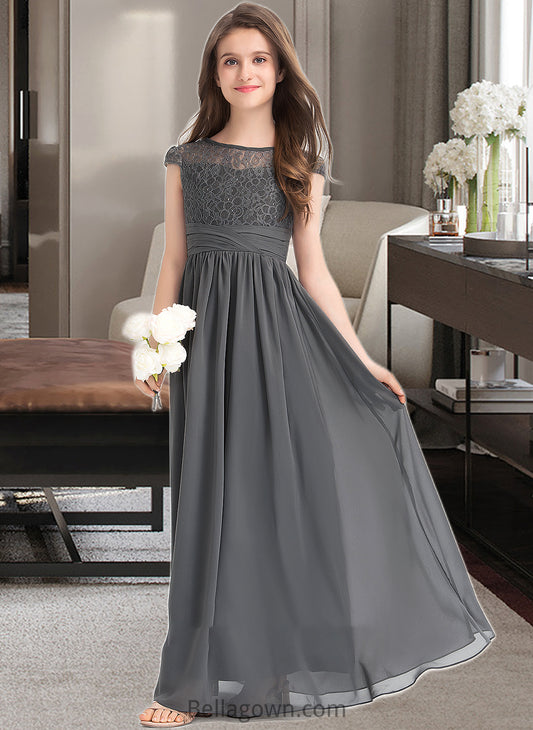 Logan A-Line Scoop Neck Floor-Length Chiffon Lace Junior Bridesmaid Dress With Ruffle DNP0013331