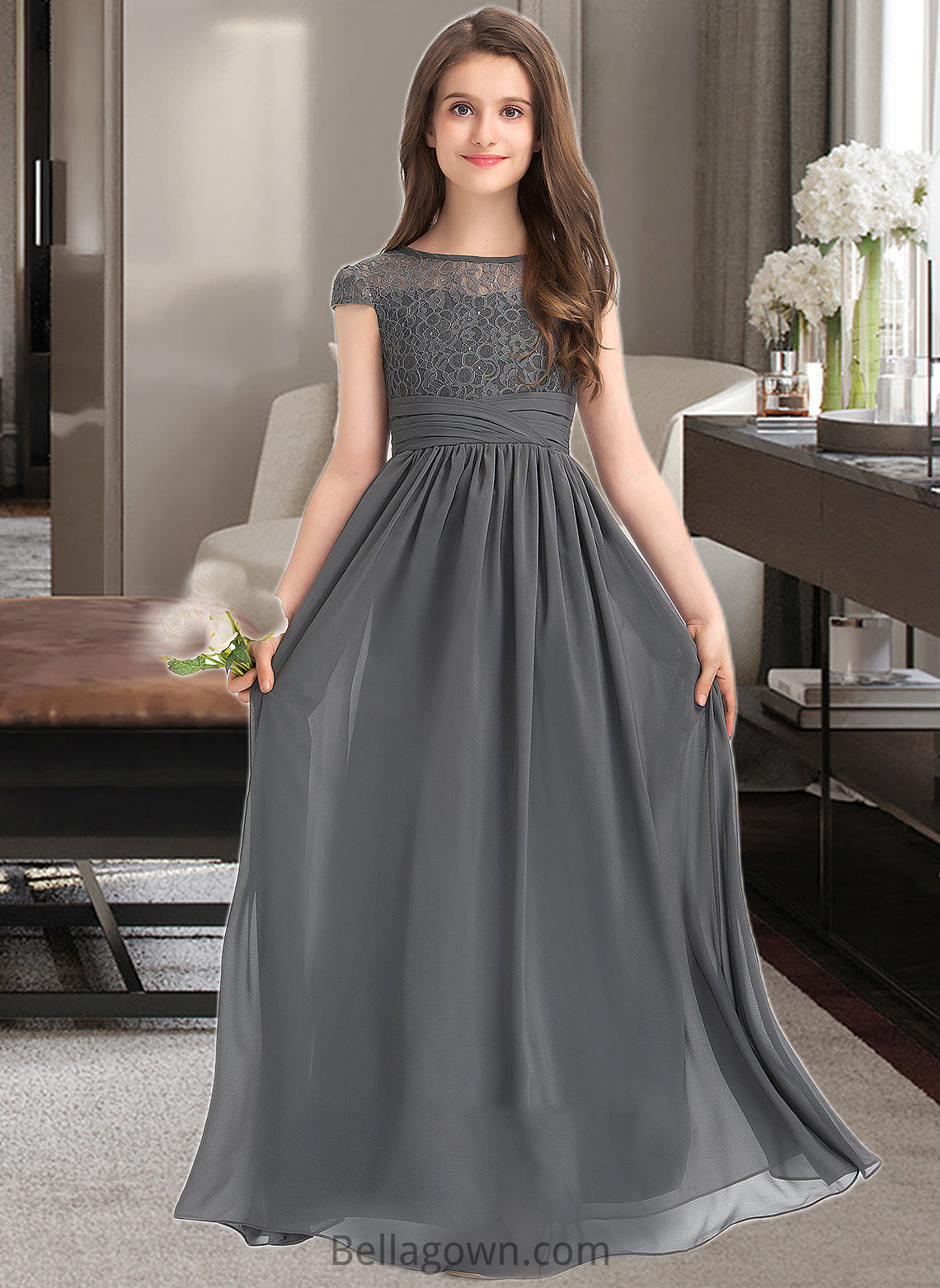 Logan A-Line Scoop Neck Floor-Length Chiffon Lace Junior Bridesmaid Dress With Ruffle DNP0013331