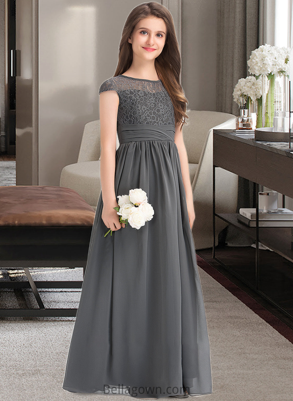 Logan A-Line Scoop Neck Floor-Length Chiffon Lace Junior Bridesmaid Dress With Ruffle DNP0013331