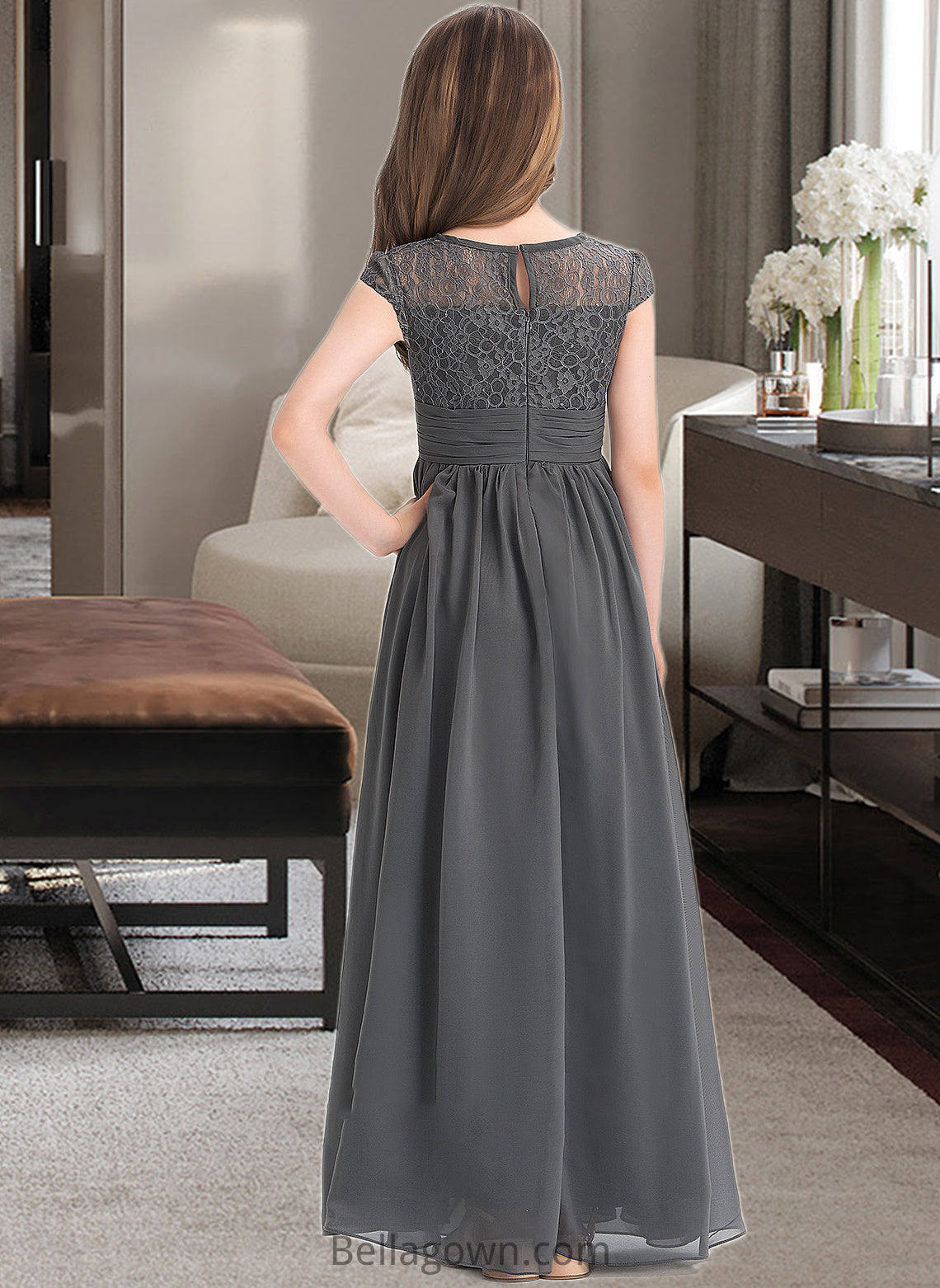 Logan A-Line Scoop Neck Floor-Length Chiffon Lace Junior Bridesmaid Dress With Ruffle DNP0013331