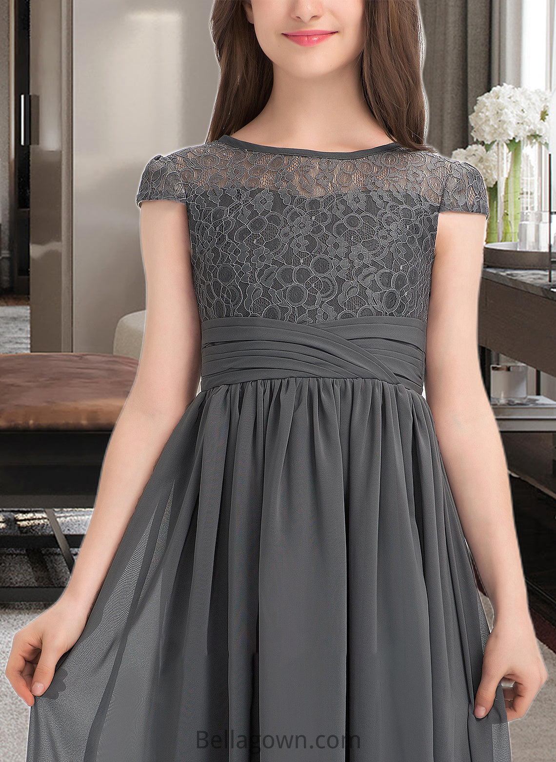 Logan A-Line Scoop Neck Floor-Length Chiffon Lace Junior Bridesmaid Dress With Ruffle DNP0013331