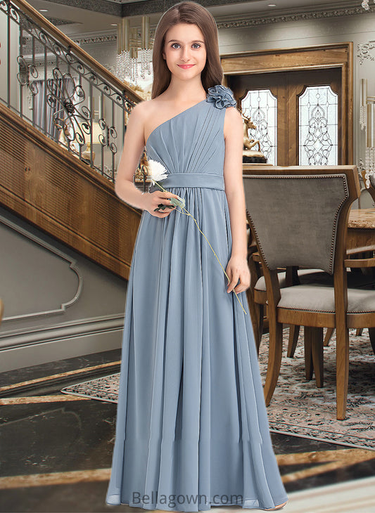 Sadie A-Line One-Shoulder Floor-Length Chiffon Junior Bridesmaid Dress With Ruffle Flower(s) DNP0013332