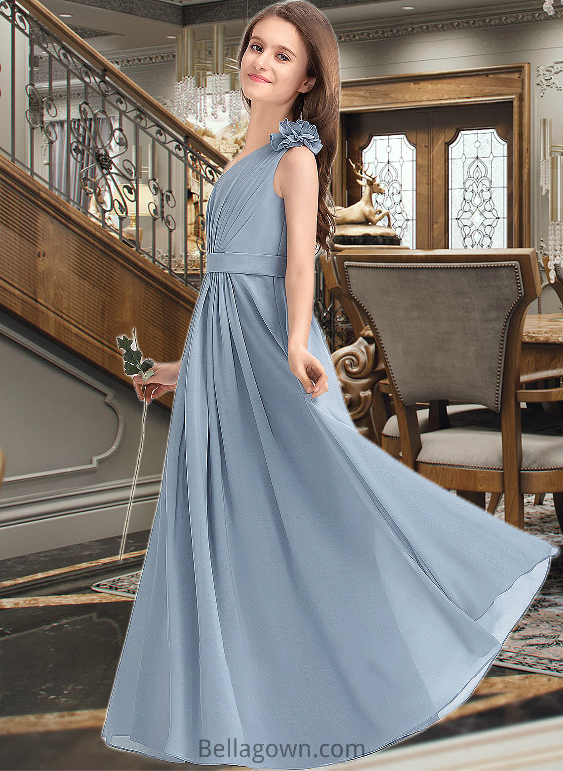 Sadie A-Line One-Shoulder Floor-Length Chiffon Junior Bridesmaid Dress With Ruffle Flower(s) DNP0013332