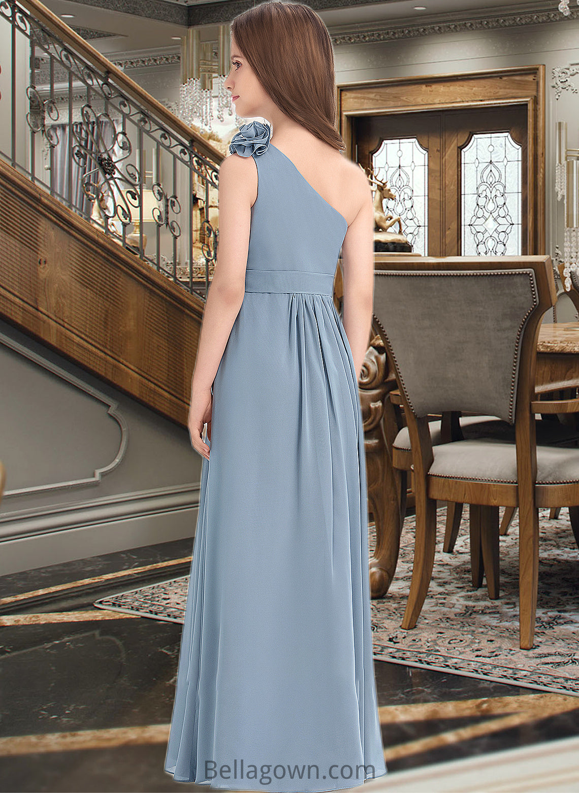 Sadie A-Line One-Shoulder Floor-Length Chiffon Junior Bridesmaid Dress With Ruffle Flower(s) DNP0013332