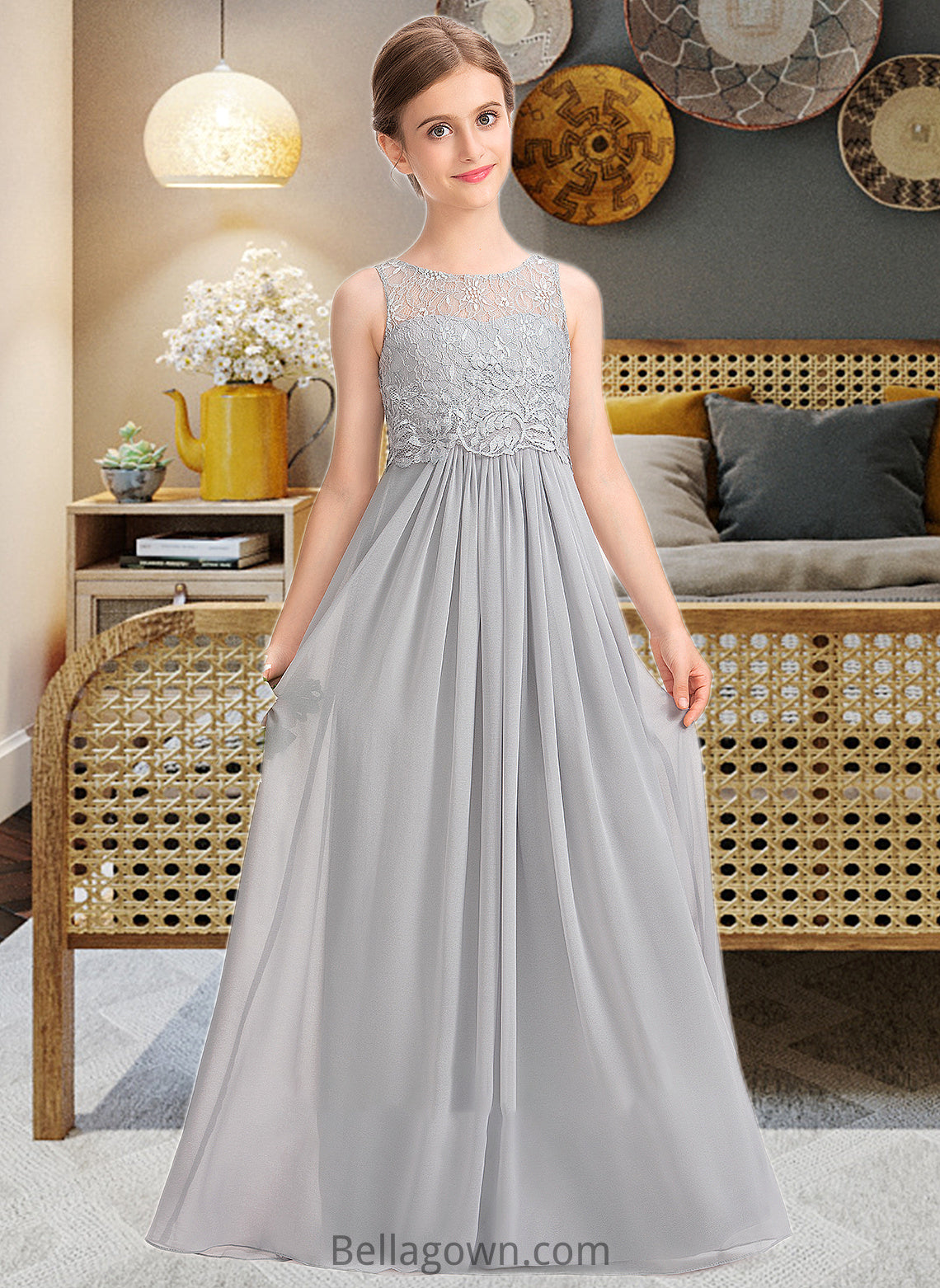 Juliette A-Line Scoop Neck Floor-Length Chiffon Lace Junior Bridesmaid Dress DNP0013333