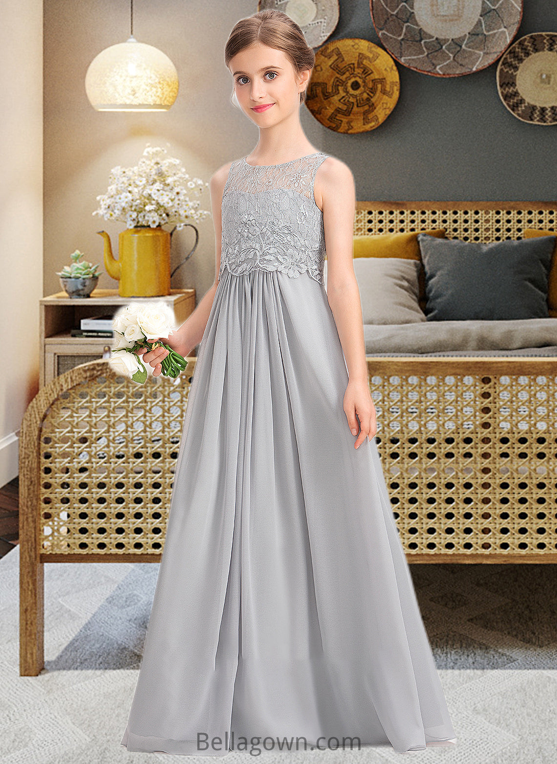 Juliette A-Line Scoop Neck Floor-Length Chiffon Lace Junior Bridesmaid Dress DNP0013333