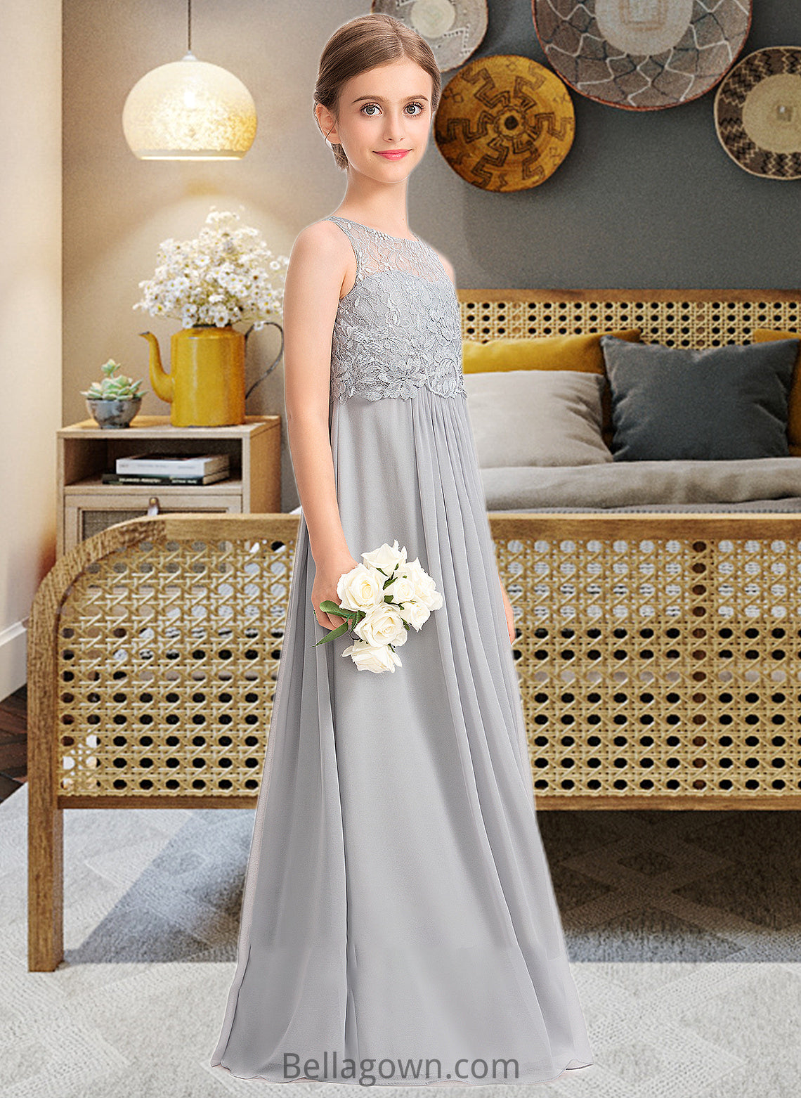 Juliette A-Line Scoop Neck Floor-Length Chiffon Lace Junior Bridesmaid Dress DNP0013333