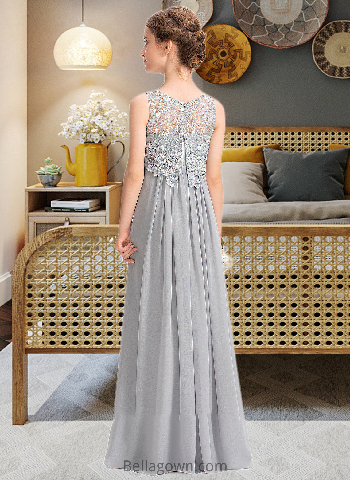 Juliette A-Line Scoop Neck Floor-Length Chiffon Lace Junior Bridesmaid Dress DNP0013333