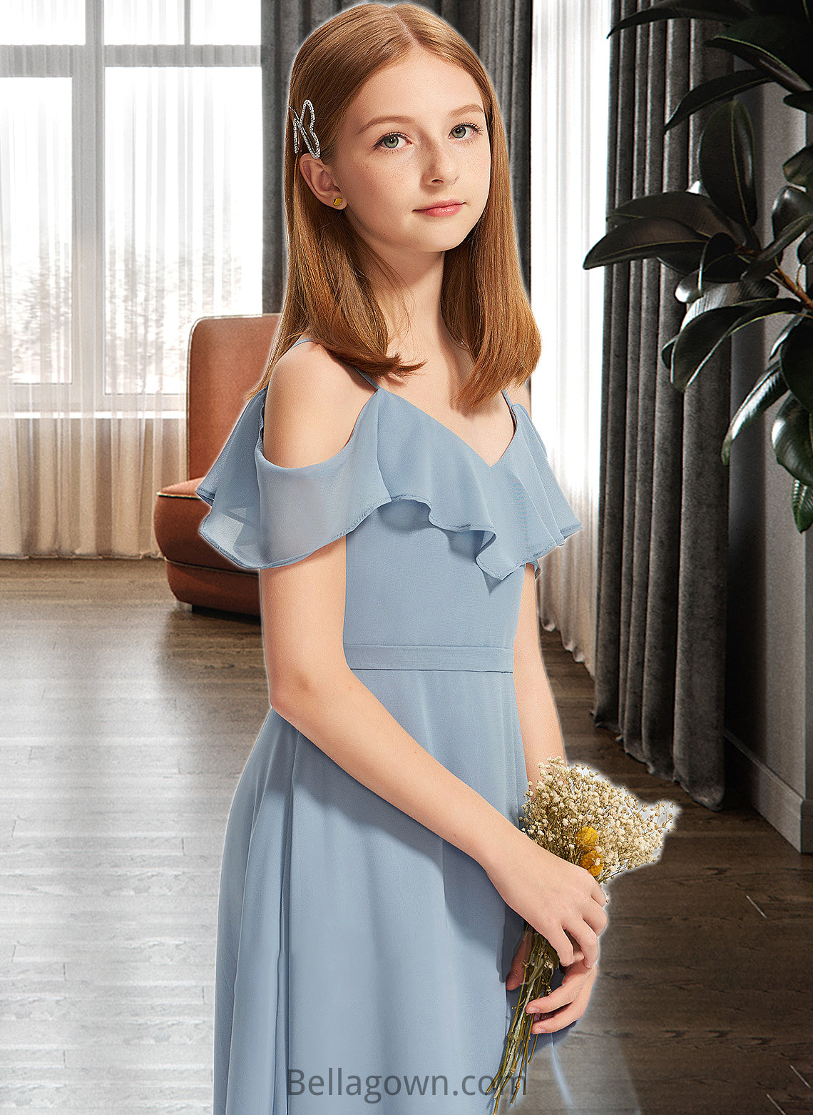 India A-Line Off-the-Shoulder Floor-Length Chiffon Junior Bridesmaid Dress With Ruffles DNP0013334