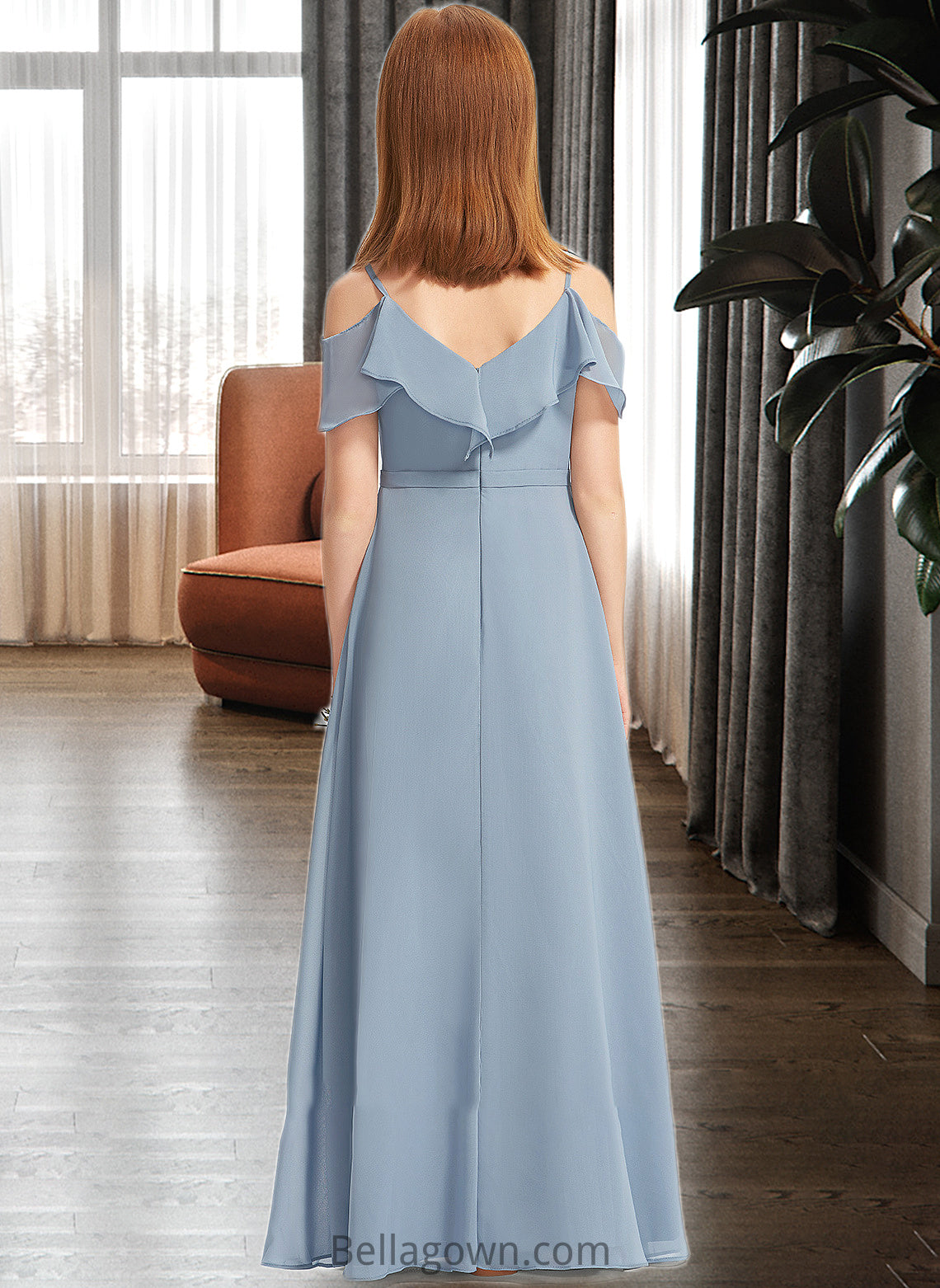 India A-Line Off-the-Shoulder Floor-Length Chiffon Junior Bridesmaid Dress With Ruffles DNP0013334