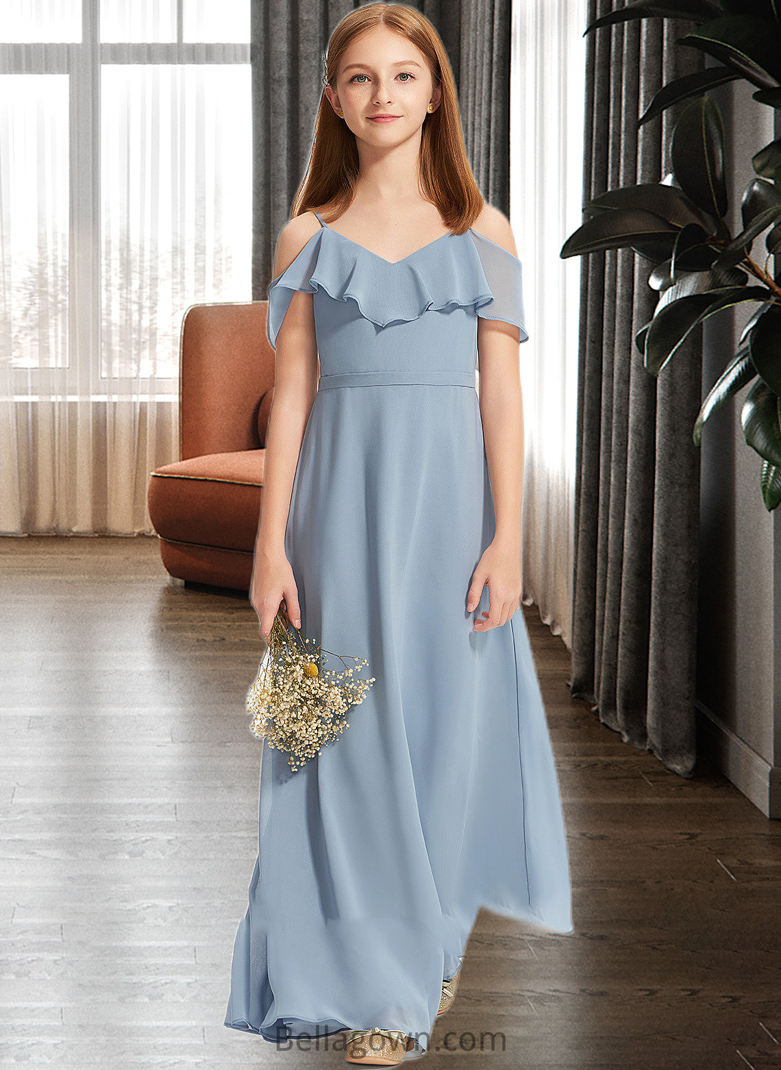 India A-Line Off-the-Shoulder Floor-Length Chiffon Junior Bridesmaid Dress With Ruffles DNP0013334