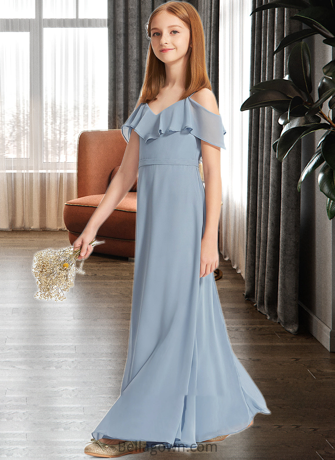 India A-Line Off-the-Shoulder Floor-Length Chiffon Junior Bridesmaid Dress With Ruffles DNP0013334