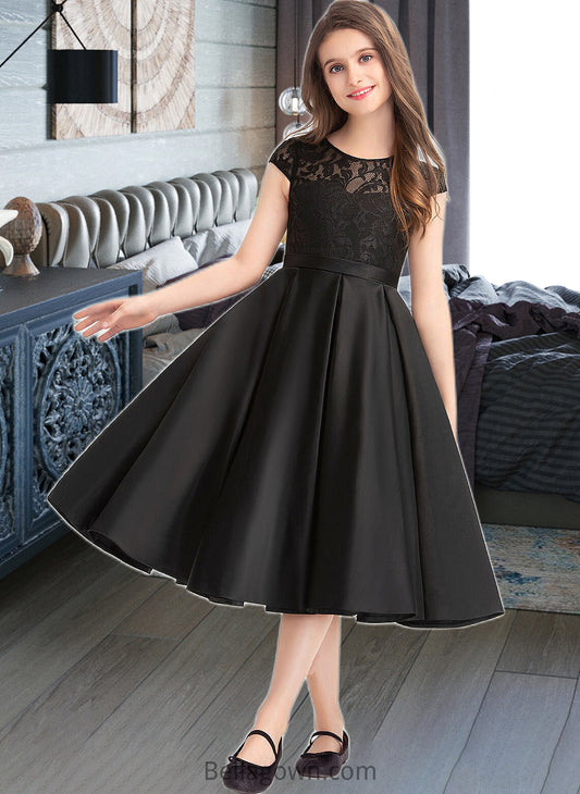 Adeline A-Line Scoop Neck Knee-Length Satin Lace Junior Bridesmaid Dress With Pockets DNP0013335