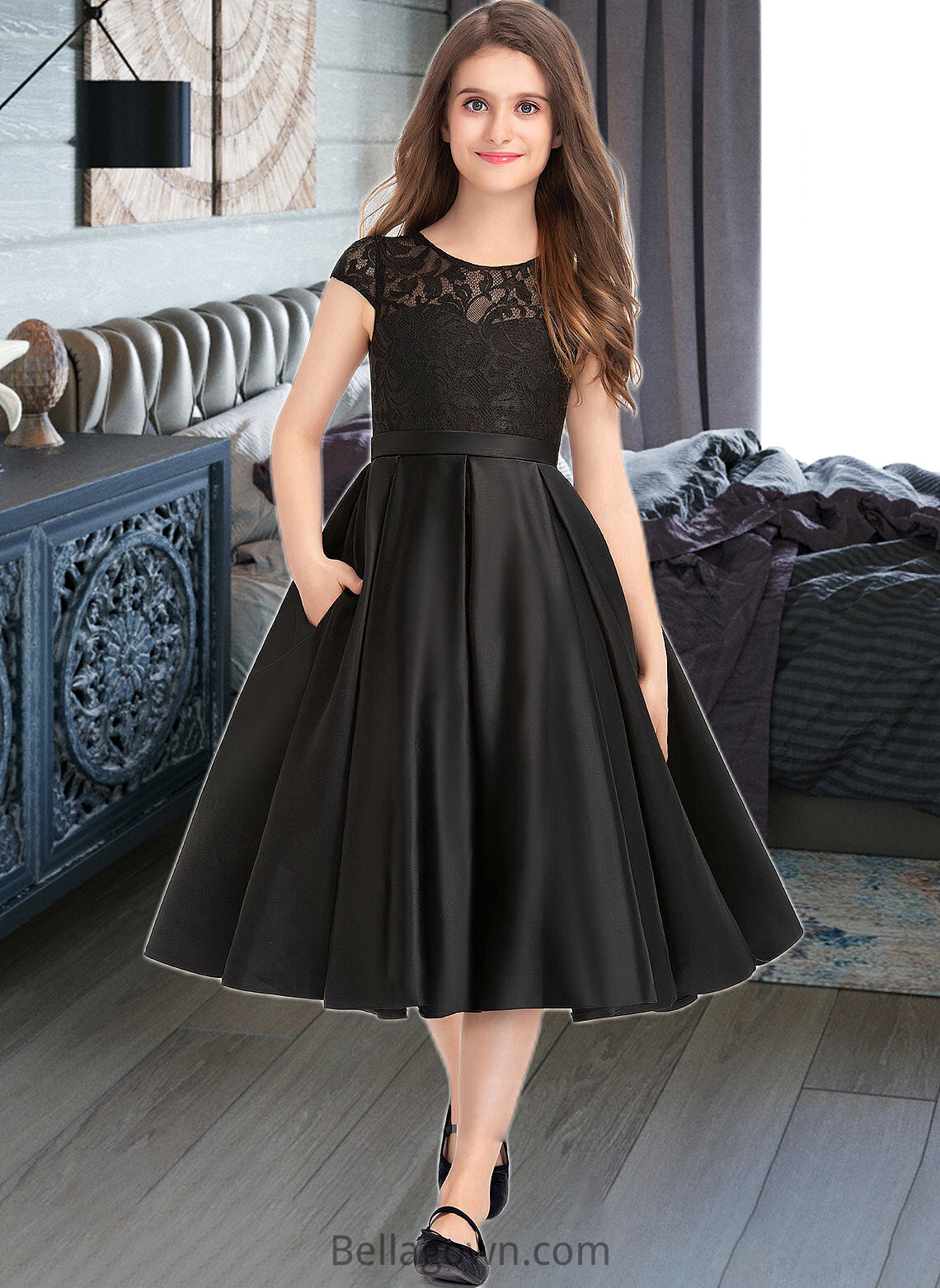 Adeline A-Line Scoop Neck Knee-Length Satin Lace Junior Bridesmaid Dress With Pockets DNP0013335