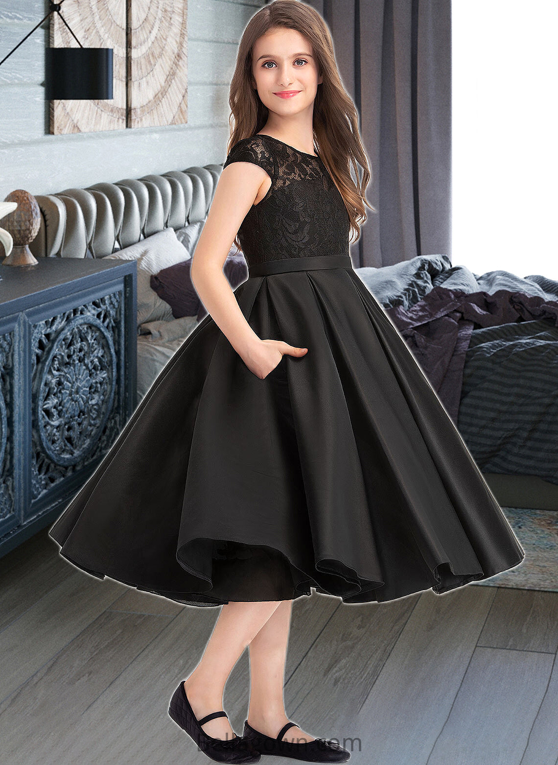 Adeline A-Line Scoop Neck Knee-Length Satin Lace Junior Bridesmaid Dress With Pockets DNP0013335