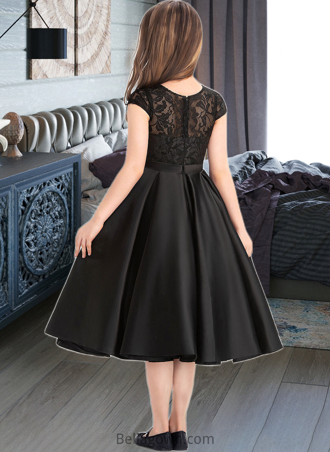 Adeline A-Line Scoop Neck Knee-Length Satin Lace Junior Bridesmaid Dress With Pockets DNP0013335